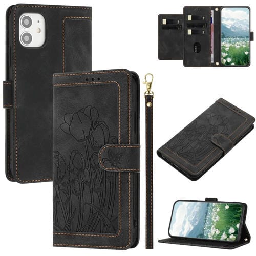 Funda de Piel con Relieve de Tulipanes para iPhone 12 Mini con Cordón (Negro)