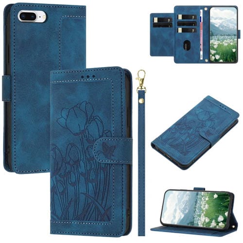 Funda piel con relieve tulipanes para iPhone 8 Plus/7 Plus con cordón (Azul)