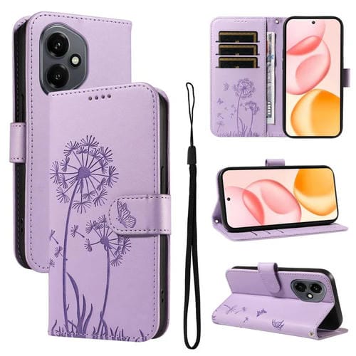 Funda de cuero con tapa y diseño de diente de león en relieve para Honor 400 Global (156,5 mm) (morado)