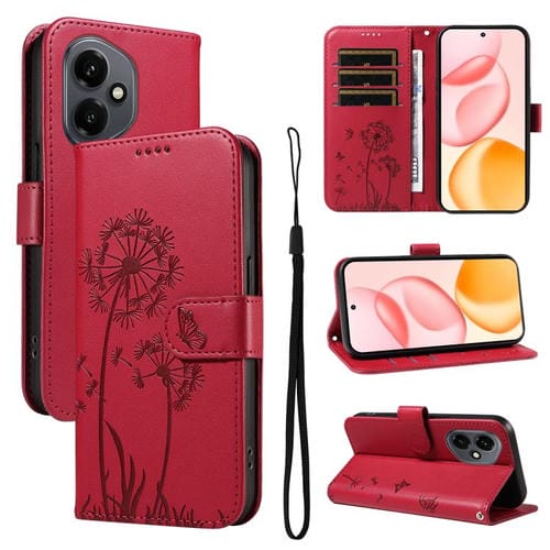 Funda de cuero con tapa y diseño de diente de león en relieve para Honor 400 Global (156,5 mm) (Rojo)