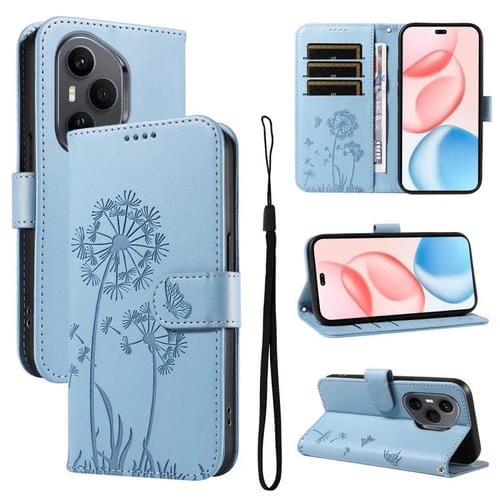 Funda de cuero con tapa y diseño de diente de león en relieve para Honor 400 Pro Global (160,8 mm) (azul cielo)