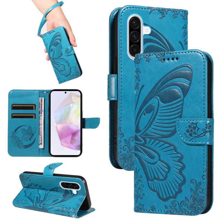 Funda de cuero con relieve de mariposa para Samsung Galaxy A56 5G (azul)