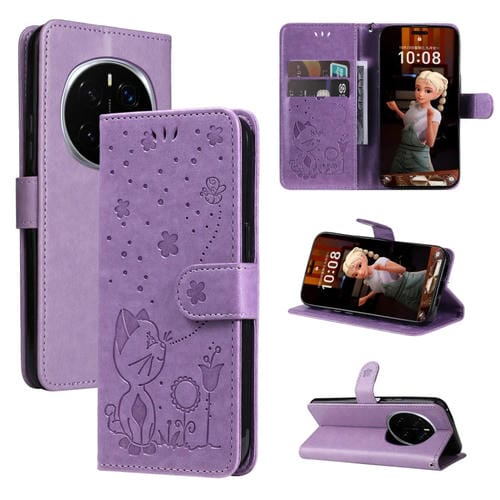 Funda de Cuero a Prueba de Golpes para Honor Magic7 Pro (Morado) con Estampado de Abeja y Gato