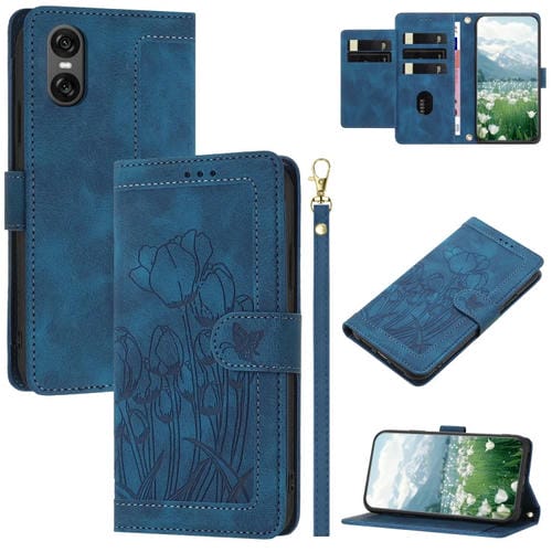Funda de Cuero con Relieve de Tulipanes para Sony Xperia 10 Vi con Cordón (Azul)