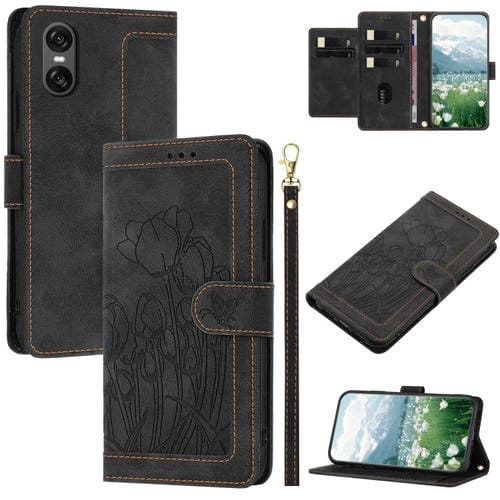 Funda de Cuero con Relieve de Tulipanes para Sony Xperia 10 Vi con Cordón (Negro)