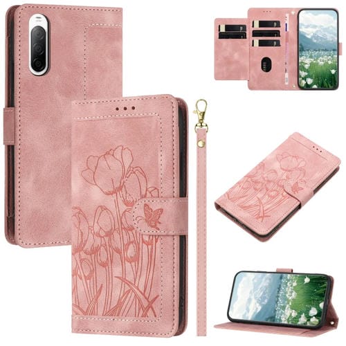 Funda de Cuero con Relieve de Tulipanes para Sony Xperia 10 V con Cordón (Rosa)