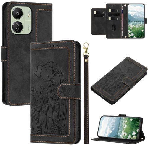 Funda de Cuero con Relieve de Tulipanes para Redmi 13C 4G/5G con Cordón (Negro)