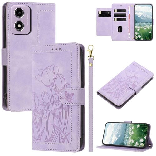 Funda de Cuero con Relieve de Tulipanes para Motorola Moto E14 con Cordón (Morado)