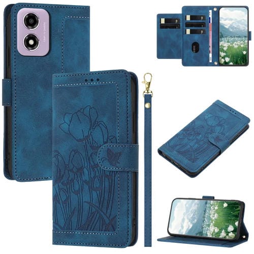 Funda de Cuero con Relieve de Tulipanes para Motorola Moto E14 con Cordón (Azul)