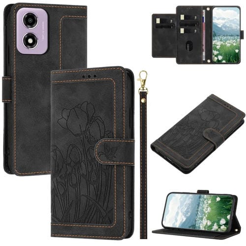 Funda de Cuero con Relieve de Tulipanes para Motorola Moto E14 con Cordón (Negro)