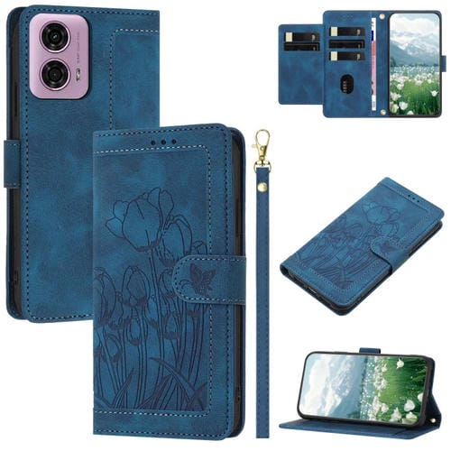Funda de Piel con Relieve de Tulipanes para Motorola Edge 5G 2024 con Cordón (Azul)