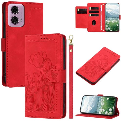 Funda de Cuero con Relieve de Tulipanes para Motorola Moto G34 con Cordón (Rojo)