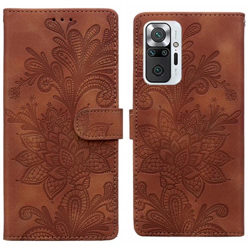 Funda de Teléfono con Hebilla Magnética de Pu con Encaje Floral En Relieve y Correa para la Muñeca para Redmi Note 10 Pro 4G (Marrón)
