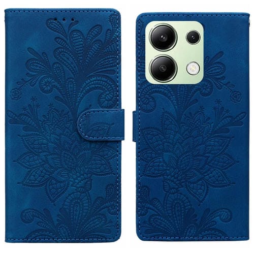 Funda de Teléfono con Hebilla Magnética y Encaje Floral En Relieve para Redmi Note 13 4G (Azul)