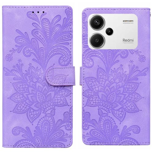 Funda de Teléfono con Hebilla Magnética de Pu con Encaje Floral En Relieve y Correa para la Muñeca para Redmi Note 13 Pro+ (Morado)