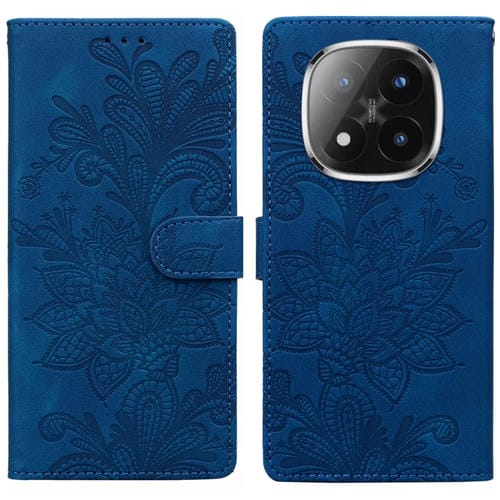 Funda de Teléfono con Hebilla Magnética de Pu con Encaje Floral En Relieve y Correa para la Muñeca para Redmi Note 14 Pro / Note 14+ (Azul)