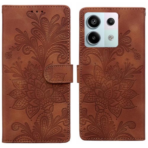 Funda de Teléfono con Hebilla Magnética de Pu con Encaje Floral En Relieve y Correa para la Muñeca para Redmi Note 13 Pro 5G (Marrón)