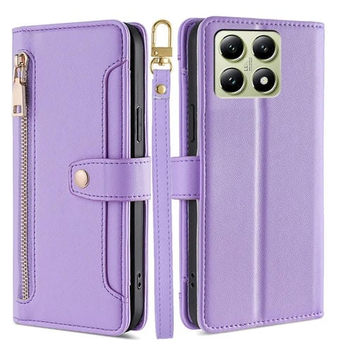 Funda De Cuero Tipo Billetera Con Cremallera Y Textura De Oveja Para Xiaomi 14T 5G (Morado)