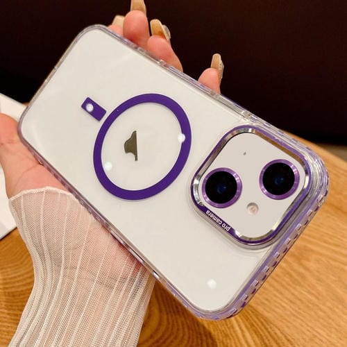 Funda para iPhone 15 Plus Protección Magsafe Transparente con Película para Lentes (Morado)