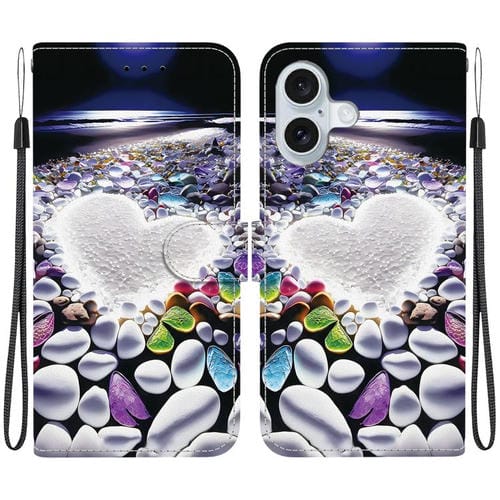 Funda de Cuero iPhone 16 Plus Dibujo Colores Textura Cristal (Corazón)
