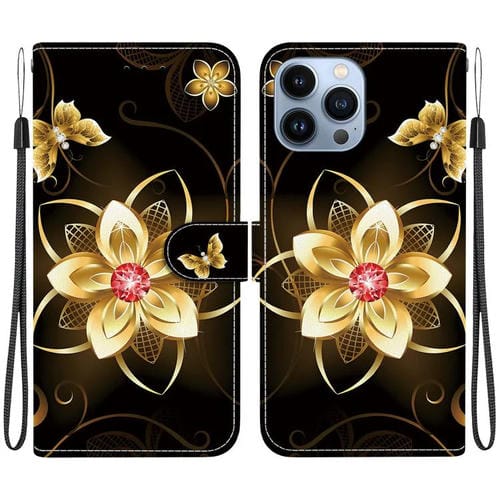 Funda de Cuero para iPhone 15 Pro con Dibujo de Colores y Textura de Cristal (Flor Dorada)
