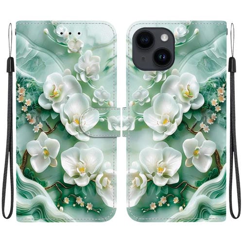 Funda de Cuero iPhone 14 Plus Dibujo Colores Textura Cristal (Flores de Jade)
