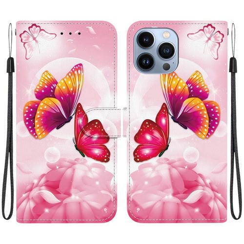 Funda de Cuero para iPhone 13 Pro Max con Dibujo de Colores y Textura de Cristal (Mariposas Rosas)