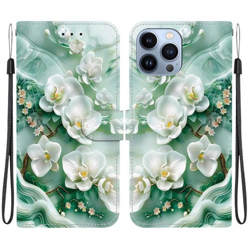 Funda de Cuero para iPhone 13 Pro Max con Dibujo de Colores y Textura de Cristal (Flores de Jade)