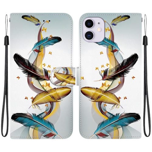 Funda de Cuero para iPhone 11 con Dibujo de Colores y Textura de Cristal (Plumas de Mariposa Doradas)