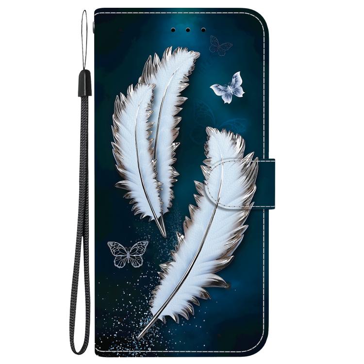 Funda de Cuero iPhone 16E Dibujo de Colores Textura de Cristal (Plumas de Mariposa Blancas)