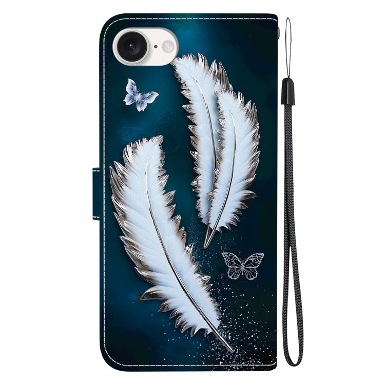 Funda de Cuero iPhone 16E Dibujo de Colores Textura de Cristal (Plumas de Mariposa Blancas)