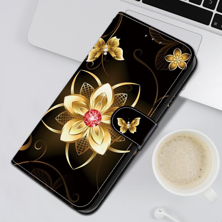 Funda de Cuero para iPhone 16E con Dibujo de Colores y Textura de Cristal (Flor Dorada)