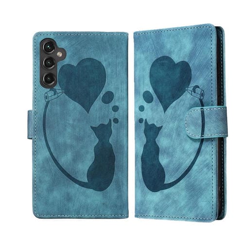Funda de cuero con relieve de gato y corazón para Samsung Galaxy A17 5G / A26 5G (azul)