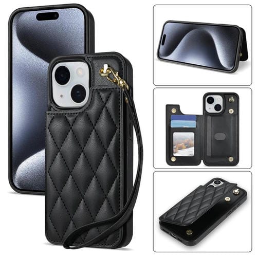 Estuche para Teléfono Rombal iPhone 15 con Ranuras Tarjetas y Hebilla Doble con Cordón (Negro)