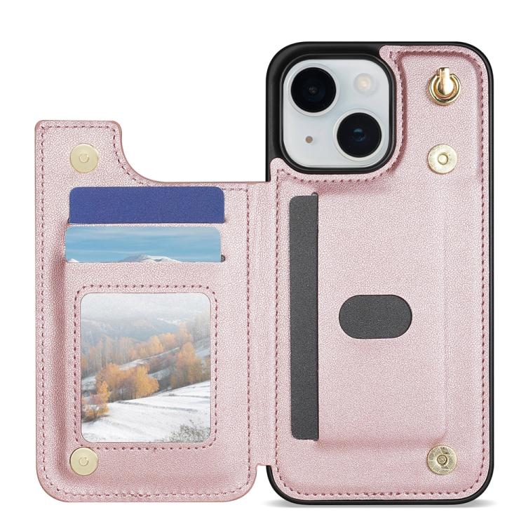 Funda para Teléfono iPhone 13/14 con Ranuras para Tarjetas y Hebilla Doble Rombal con Cordón (Oro Rosa)