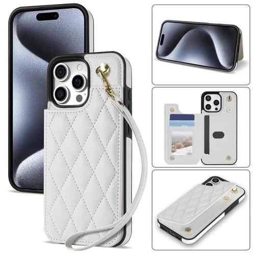 Estuche para teléfono iPhone 13 Pro Max ranuras para tarjetas hebilla doble rombal con cordón (Blanco)