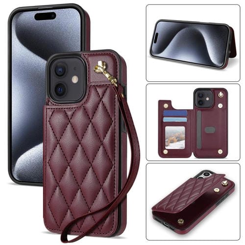 Estuche para Teléfono Rombal para iPhone 12/12 Pro con Ranuras para Tarjetas y Hebilla Doble con Cordón (Rojo Vino)