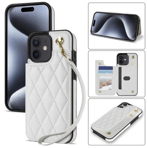 Estuche para Teléfono iPhone 11 con Ranuras para Tarjetas y Hebilla Doble Rombal con Cordón (Blanco)