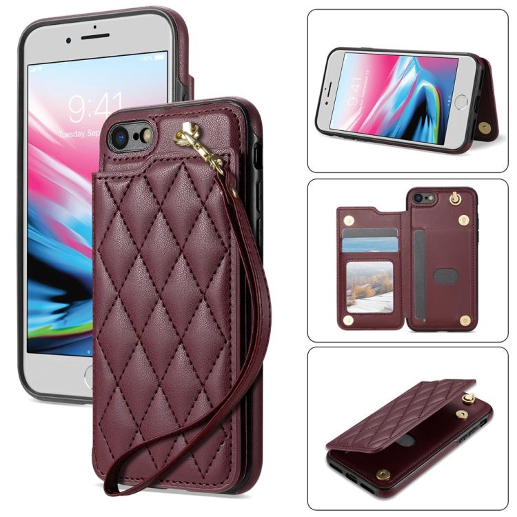 Funda para iPhone SE 2022/2020/8/7 con Ranuras para Tarjetas y Hebilla Doble Rombal y Cordón (Rojo Vino)