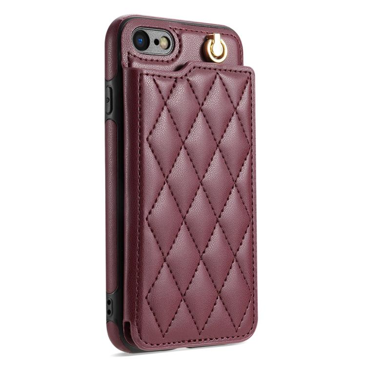 Funda para iPhone SE 2022/2020/8/7 con Ranuras para Tarjetas y Hebilla Doble Rombal y Cordón (Rojo Vino)