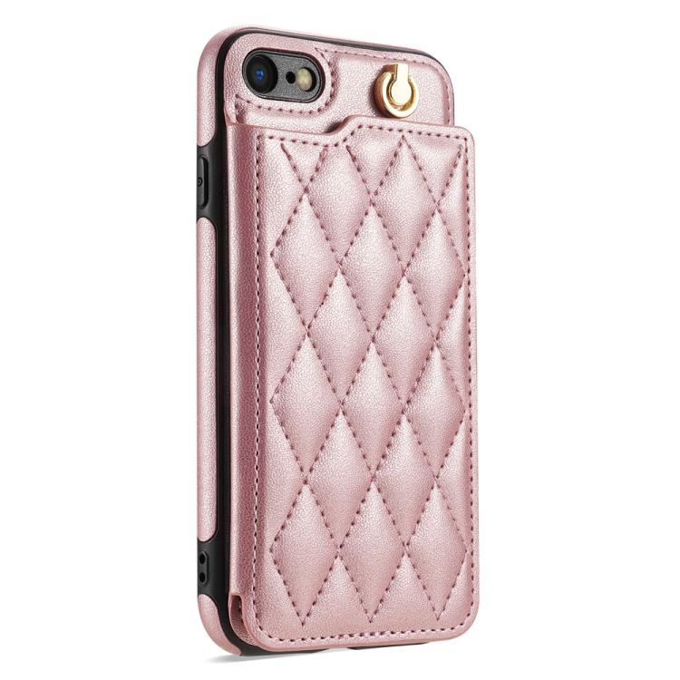 Funda para iPhone SE 2022/2020/8/7 con Ranuras para Tarjetas Hebilla Doble Rómbica y Cordón (Oro Rosa)