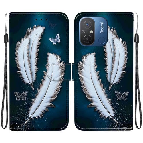 Funda de Cuero con Dibujo de Colores y Textura de Cristal para Redmi 12C/11A (Plumas de Mariposa Blancas)