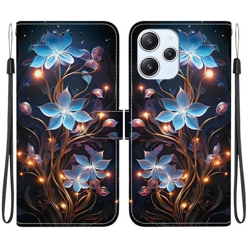 Funda de Cuero con Dibujo de Colores y Textura de Cristal para Redmi 12 4G/5G/Poco M6 Pro (Flor de Linterna Pequeña)
