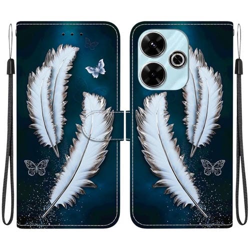Funda de Cuero con Dibujo de Colores y Textura de Cristal para Redmi 13 4G/Poco M6 (Plumas de Mariposa Blancas)