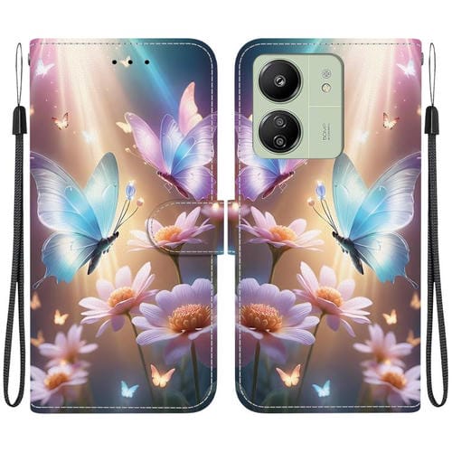 Funda de Cuero con Dibujo de Colores y Textura de Cristal para Redmi 13C 4G / 5G / 13R 5G (Mariposa, Amor y Flores)