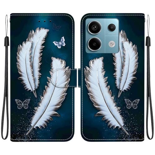 Funda de Cuero con Dibujo de Colores y Textura de Cristal para Redmi Note 13 Pro 5G (Plumas de Mariposa Blancas)