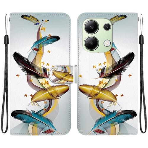 Funda de Cuero con Dibujo de Colores y Textura de Cristal Global para Redmi Note 13 4G (Plumas de Mariposa Doradas)
