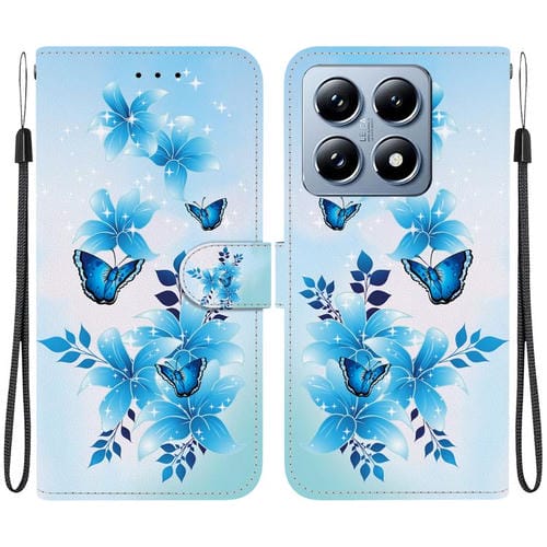 Funda de Cuero con Dibujo de Colores y Textura de Cristal para Xiaomi 14T Pro (Mariposas Azules)