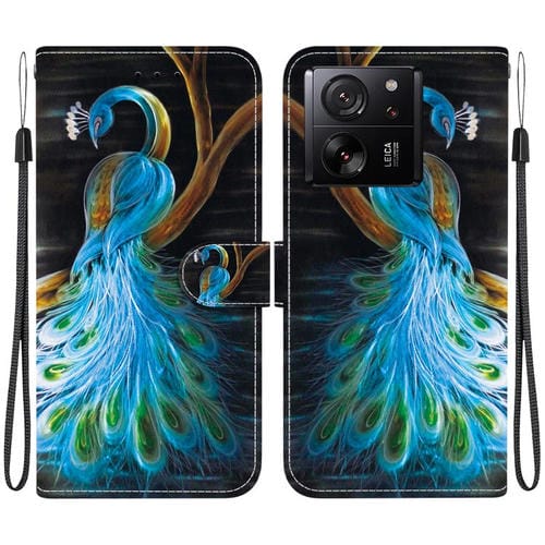 Funda de Cuero con Dibujo de Colores y Textura de Cristal para Xiaomi 13T/13T Pro (Pavo Real)