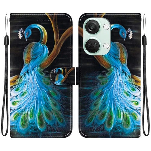 Funda de Cuero con Dibujo y Textura de Cristal para OnePlus Ace 2V 5G/Nord 3 (Pavo Real)